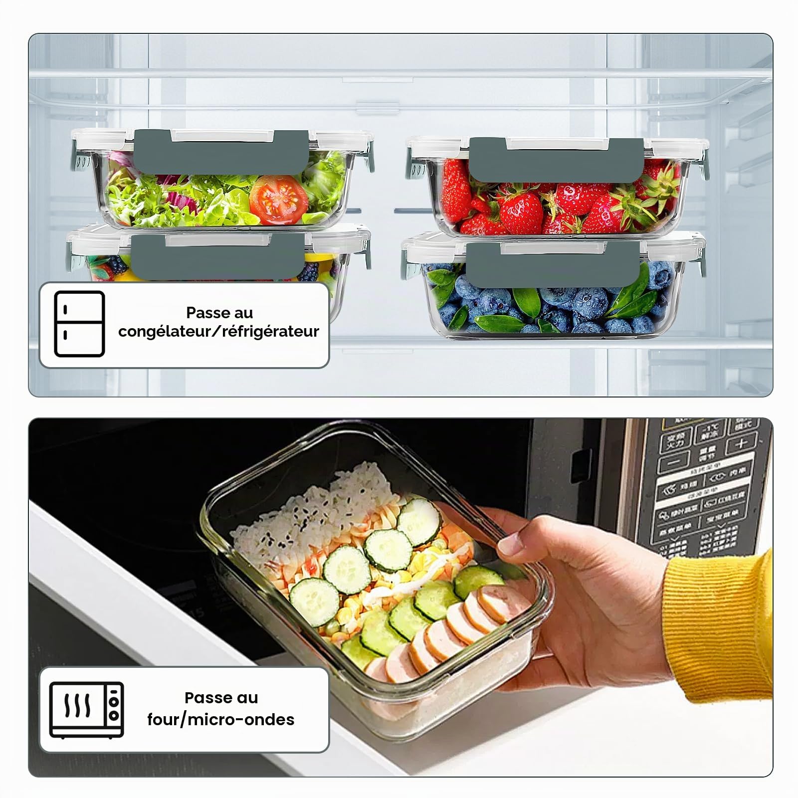 VERONES Lot de 10 récipients 22oz lot de boîtes à repas en verre avec couvercles hermétiques, récipients en verre avec couvercles pour la conservation des aliments