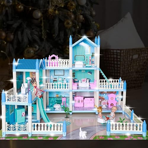 Miniatura 3 de Casa de muñecas grande para niños de 3, 4, 5, 6, 7, 8, 3 pisos, 9 habitaciones, juguetes de casa de ensueño de princesa con 3 muebles para muñecas y