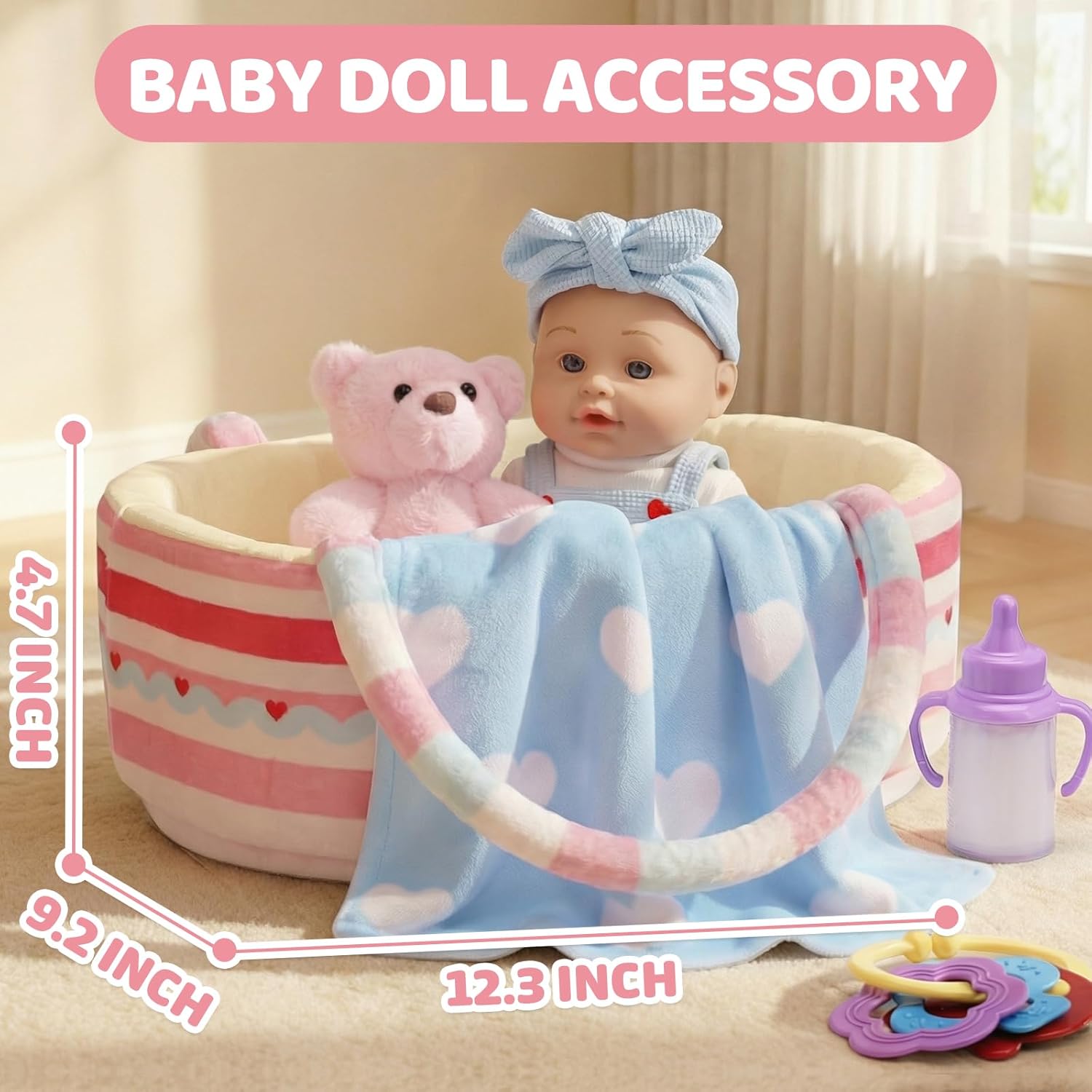 Uzoxlsn 12’’ Baby Doll with Cotton Carrier Bassinet, 15 Pcs Baby Doll Accessories Bedding, Feeding and Caring Set Magic Bottle Pacifier Diaper Blanket Pretend Play Game Gift for Girls Age 3+ Toddler