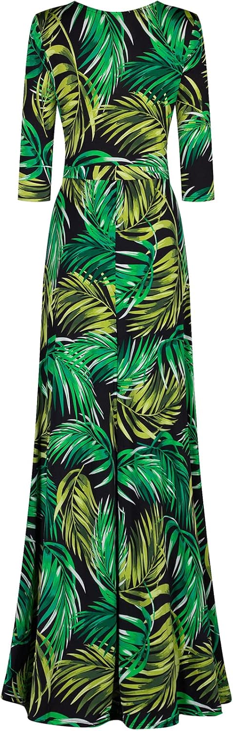 Women's 3/4 Sleeve V-Neck Printed Maxi Faux Wrap Dress Black Green S - Image 2