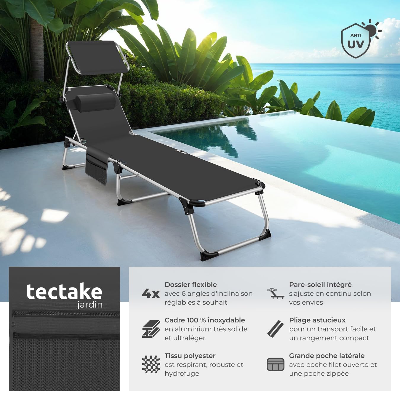 tectake® Chaise Longue Pliante Bain de Soleil Jardin Exterieur avec Pare Soleil, Cadre en Aluminium, Chaise Longue inclinable Transat de Plage Relax Jardin Camping Salon de Jardin Exterieur