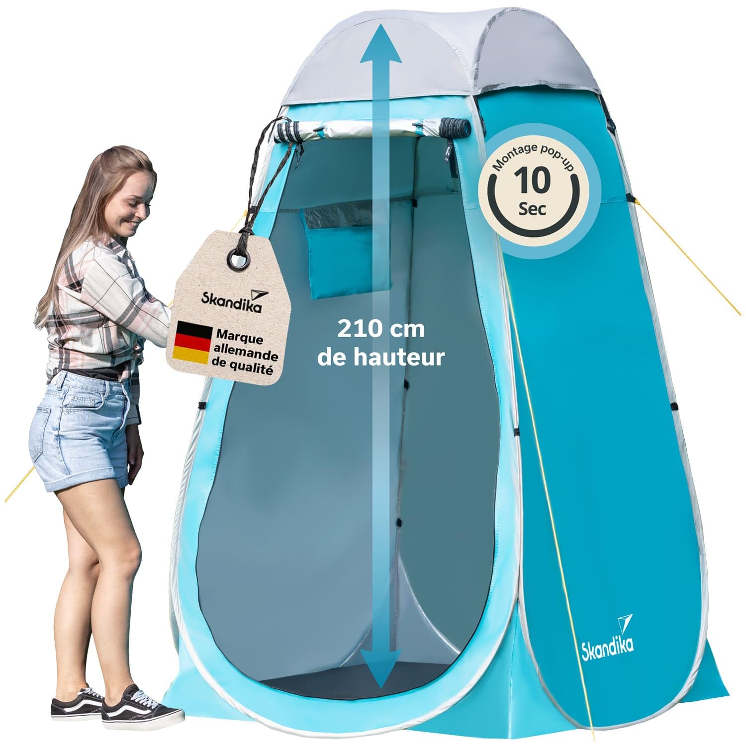 Skandika Tente de douche pop-up de camping - 210 cm - Revêtement argenté - Opaque - Sol séparé - Fenêtre recouvrable - Moustiquaire - Fixation pour douche