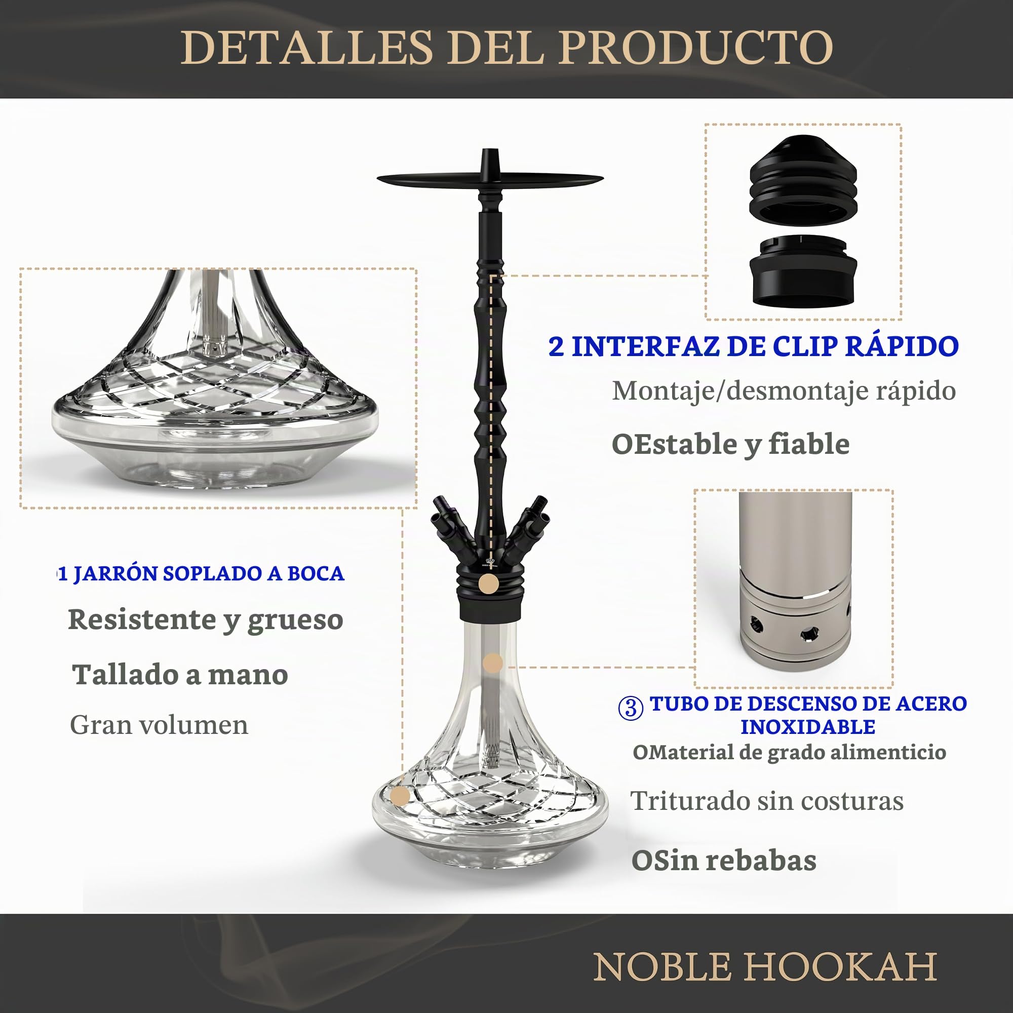 NOBLE HOOKAH Cachimba Shisha Completa Grande, 100 cm de Altura, 4 Conectores, Completo con Manguera, Mango, luz Mmbiental LED, Recolector de miel, Juego de Cazoleta, Clip y ¡mucho más