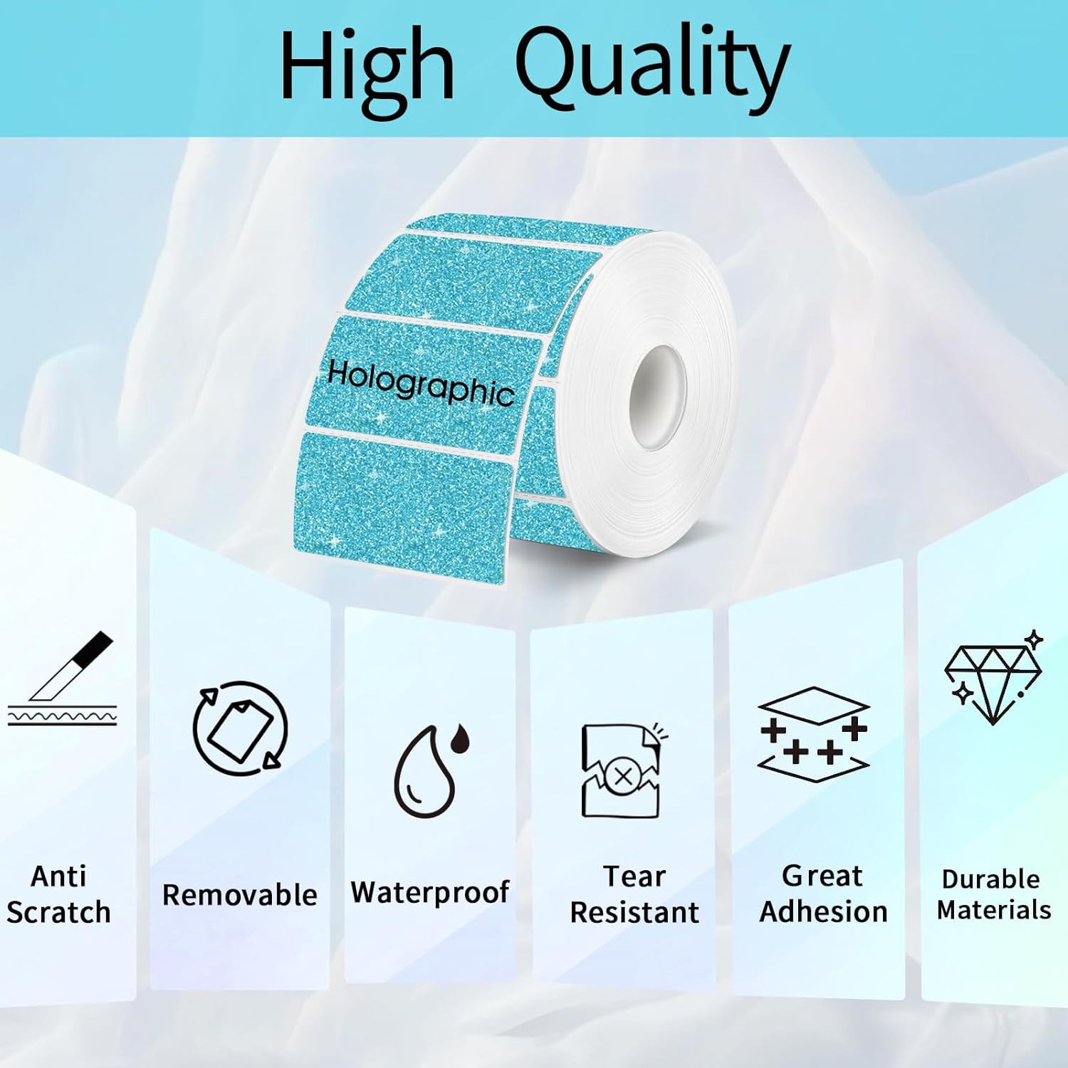 3x2 Inch Holographic Thermal Labels, Glitter Blue Thermal Sticker Labels, Waterproof Thermal Printer Stickers for Price, Barcode, Name, Custom Logo Design, 200 Pcs/Roll - Image 3