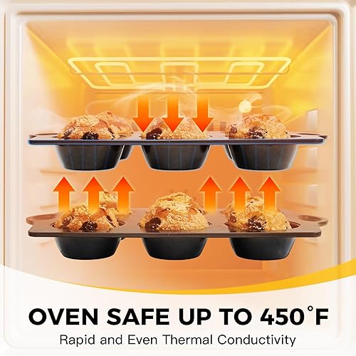 Miniatura 8 de HONGBAKE Molde antiadherente para magdalenas, paquete de 2 moldes grandes para hornear, bandeja para tartas, 3.5 dia, 6 tazas, premium, extra