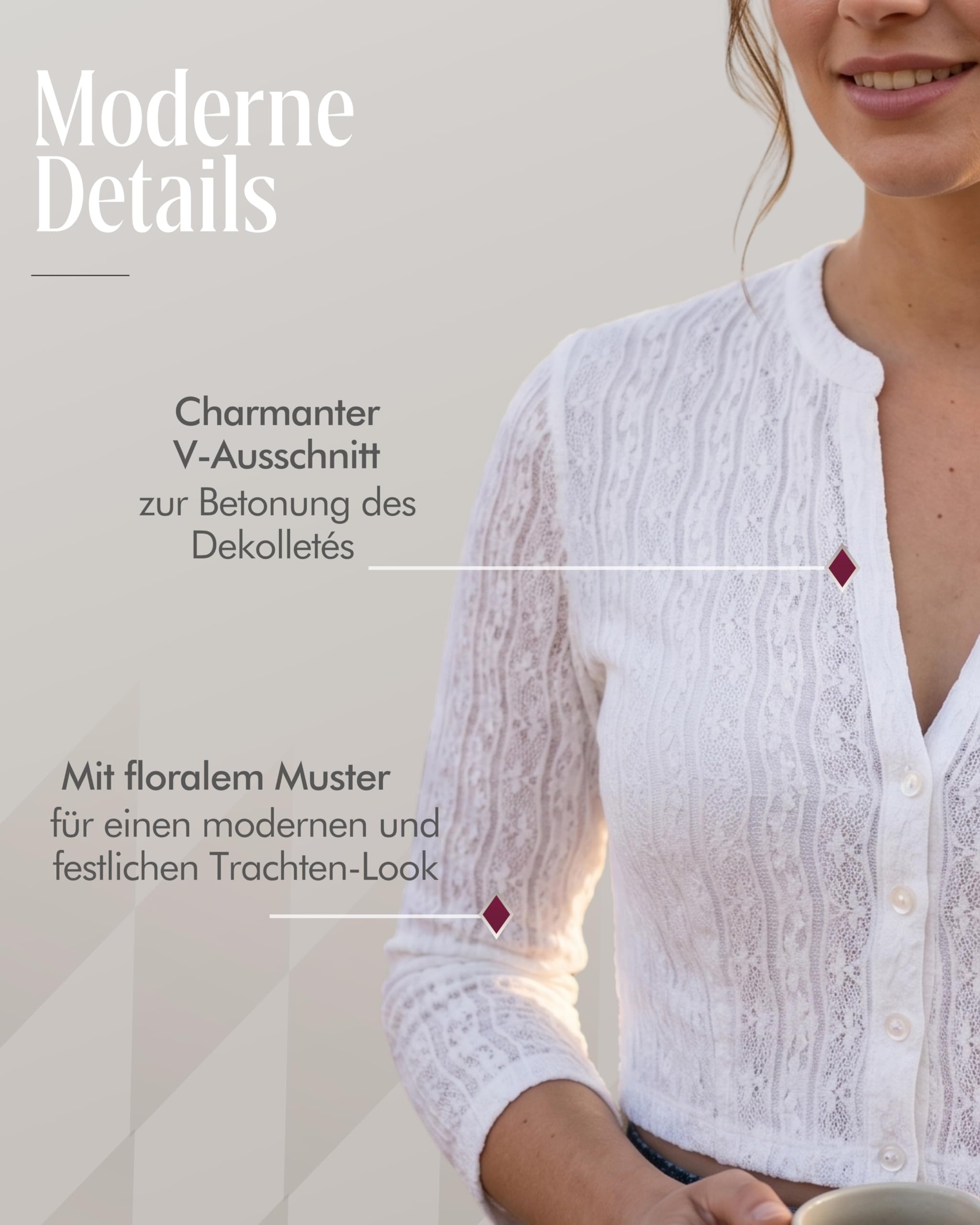 Nübler Damen Dirndlbluse Juna I Größen 30-50 I Spitzenbluse mit V-Ausschnitt & Langarm I Transparente Trachtenbluse mit floralem Muster & Knopfleiste I Ideal für Dirndl & Festliche Anlässe