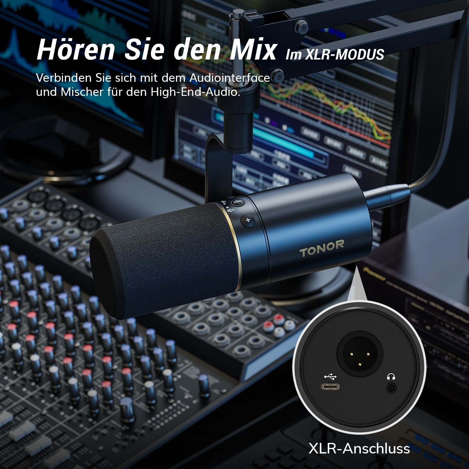 TONOR Dynamisches Microphone mit XLR/USB Kabel, Mikro PC mit Mute Button, Vocal Mic Gesangsmikrofon für Podcast, Streaming, Gaming, Studio und Aufnahme, mit Hight Profile Mikrofonarm, Schwarz, TD510+
