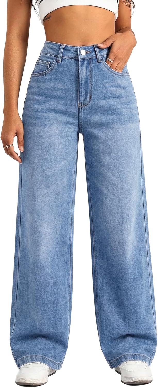 EMMIOL Women's Wide Leg Baggy Jeans Low Rise Stretchy Denim Pants Elastic Back Patchwork 90s Boyfriend Casual Jeans