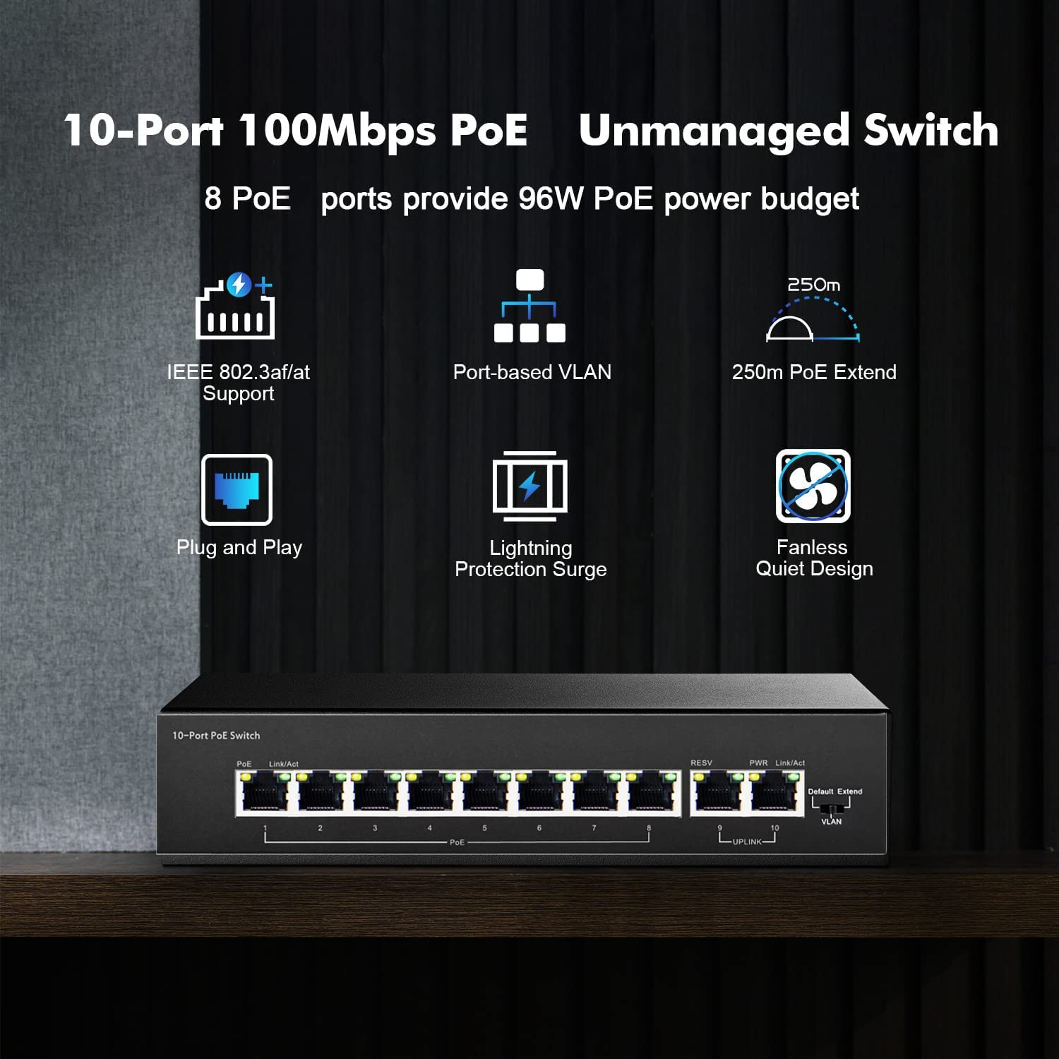 Przełącznik PoE, 8-portowy 100 Mb/s z 2 Uplinkami, 96 W dla wszystkich portów PoE, rozszerzenie AI do 250 m, Plug and Play z Hikvision, idealny do nadzoru IP i punktu dostępu, uchwyt na biurku/ścianie