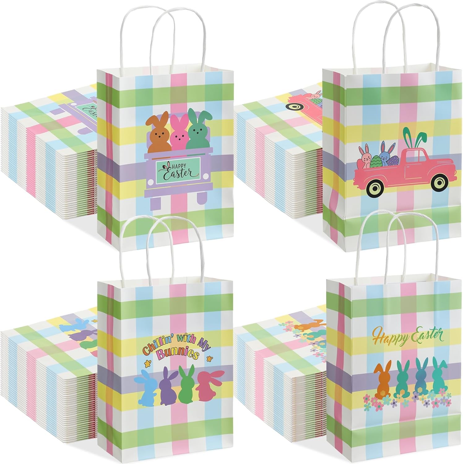 Weysat 100 Pcs Happy Easter Gift Paper Bags Bulk Colorful Bunny Chillin Treat Tote Bags with Handles Egg Hunt Bag for Snack Candy Treat Party Favor Spring Birthday Party Supplies
