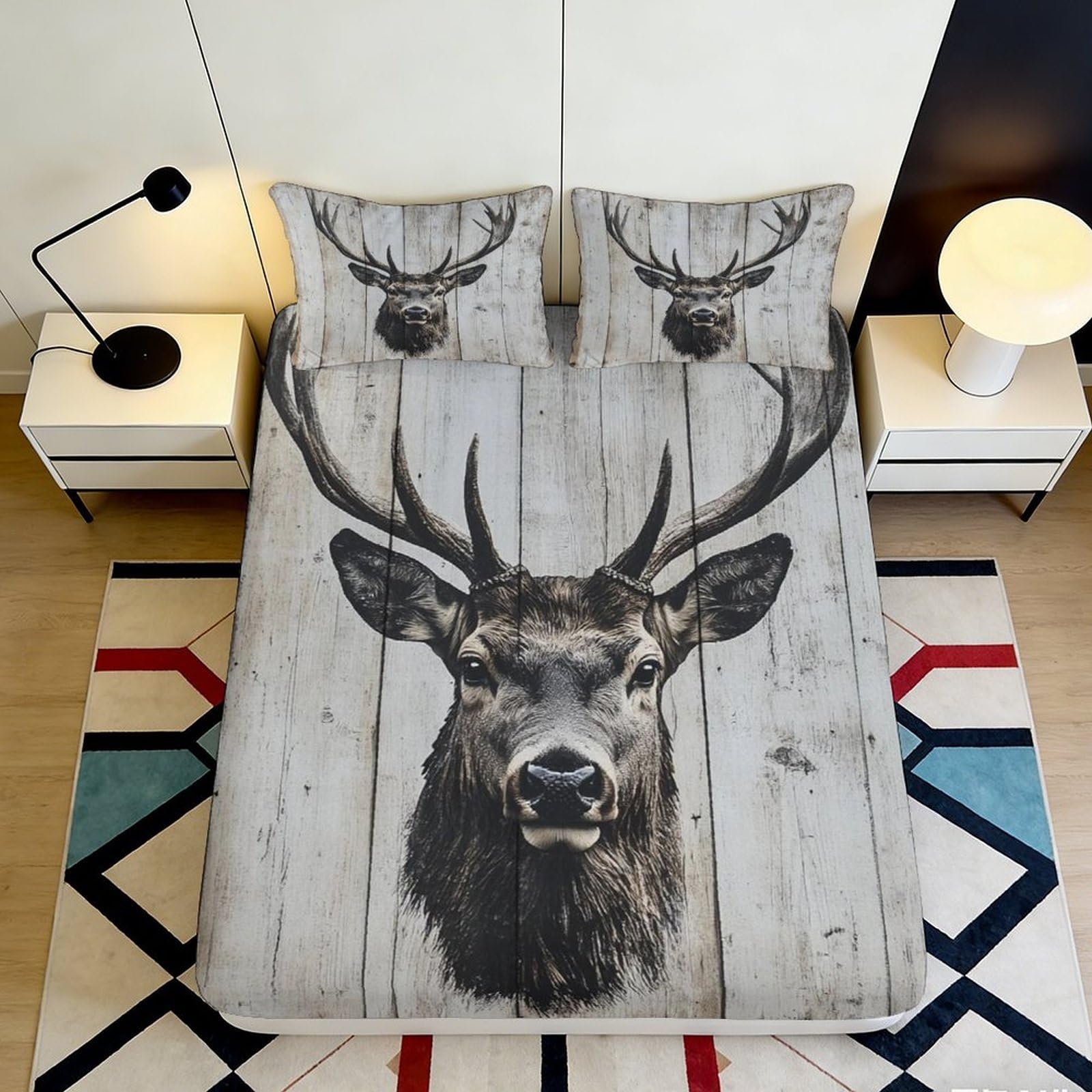 3D Printed Rustic Deer Antlers Fitted Sheet Microfiber Soft Breathable Wooden Stag Mattress Cover Bedroom Decor 90x200x25cm