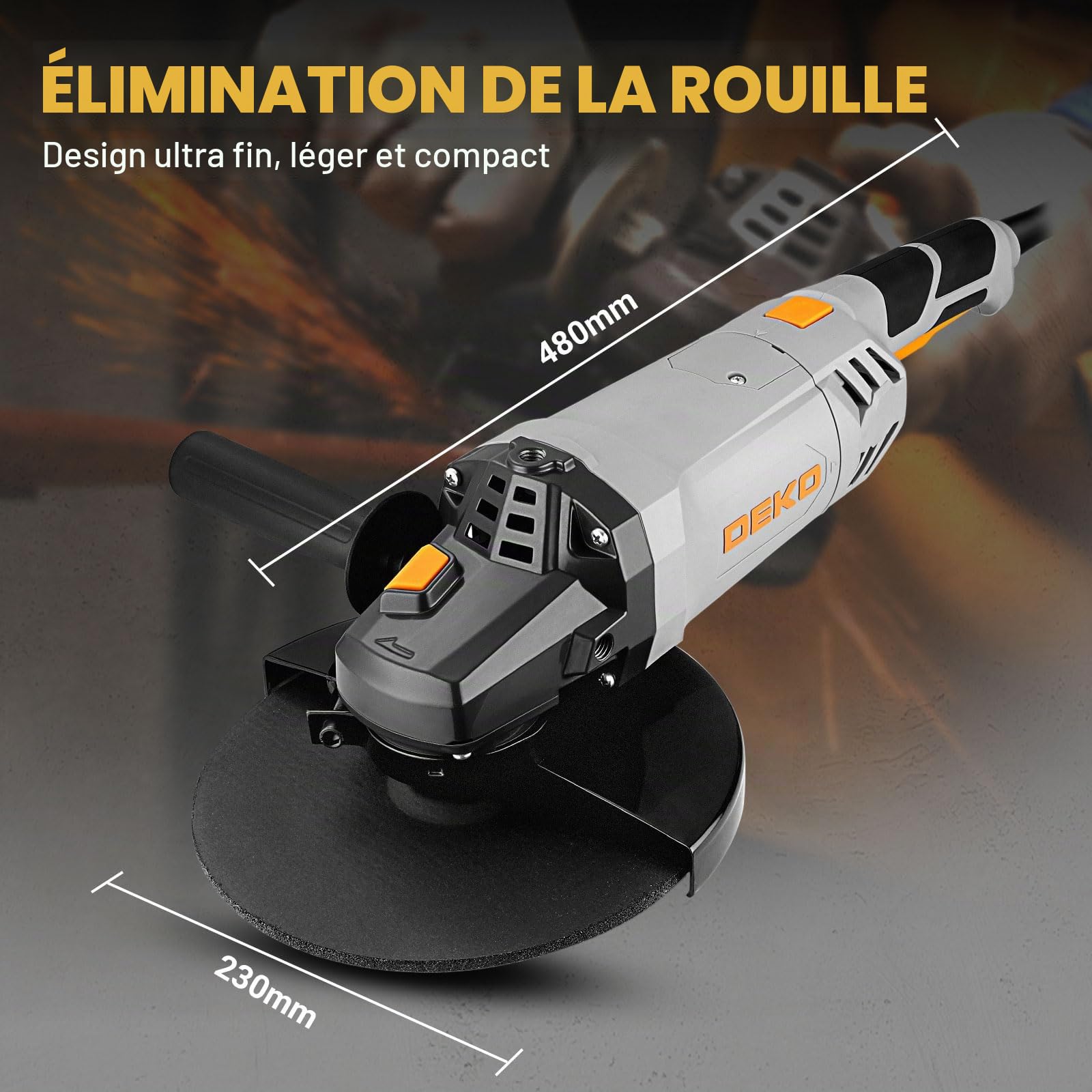 DEKOPRO Meuleuse d'Angle 2200W φ230 mm Poignée Auxiliaire, pour Couper, Polir et Poncer