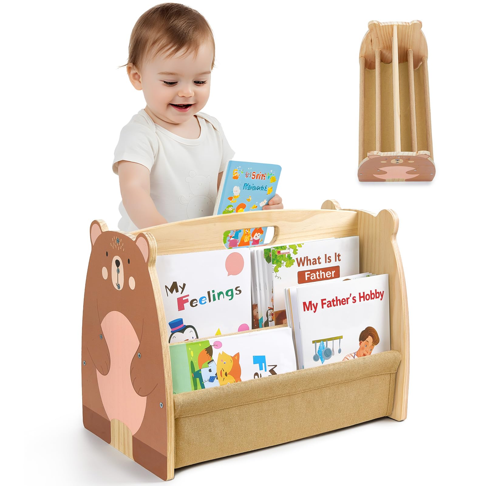 MHJY Bücherregal Kinder, doppelseitiges Holzregal mit robusten Canvas-Taschen, Montessori Stil, tragbar mit Griff, Kinderbuchregal für Kinderzimmer, Spielzimmer & Kindergarten, leicht & langlebig