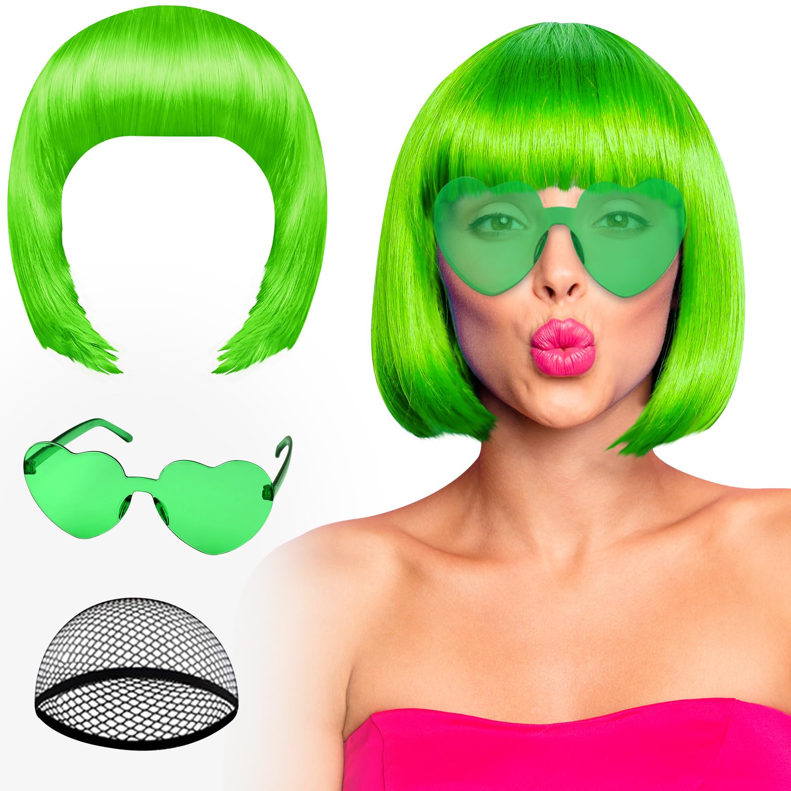 Photo 1 of PLULON Green Bob Wig and Sunglass Set, Neon Funny Short Bob Wig Sunglass Pack Colorful Hairpieces Fancy Dress Cosplay Costume Accessories for Women Bachelorette Party Favors, Halloween Decorations