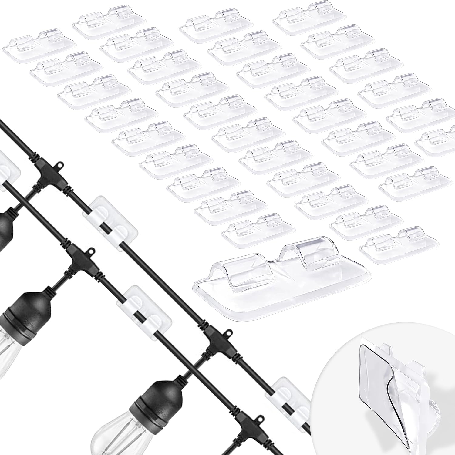 Hooks for Outdoor String Lights, 35 Pack Big Outdoor Adhesive Hooks Heavy Duty, Waterproof Adhesive Strips, Heavy Duty Cable Clip, for Outdoor Indoor String Lights Party Garden Festival Lights Cables