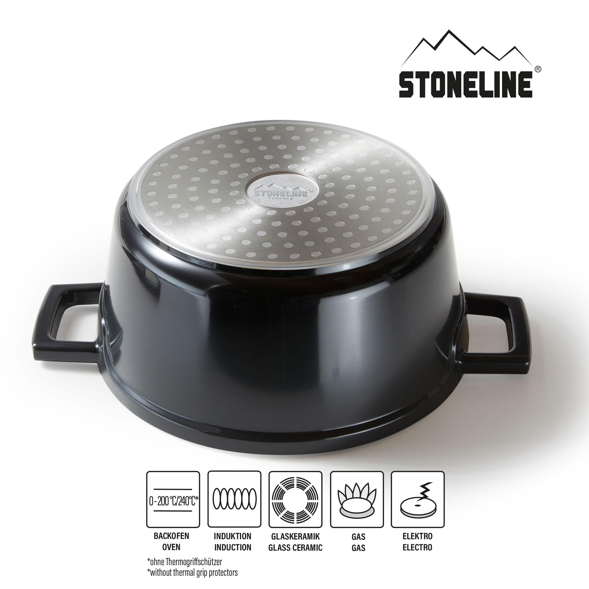 STONELINE Casseruola 20 cm, 2,6 L Rostiera Cocotte con Coperchio, Pentola Alluminio Pressofuso Rivestimento Antiaderente con Vere Particelle di Pietra, A Induzione Forno Tutti i Piani Cottura, Nero