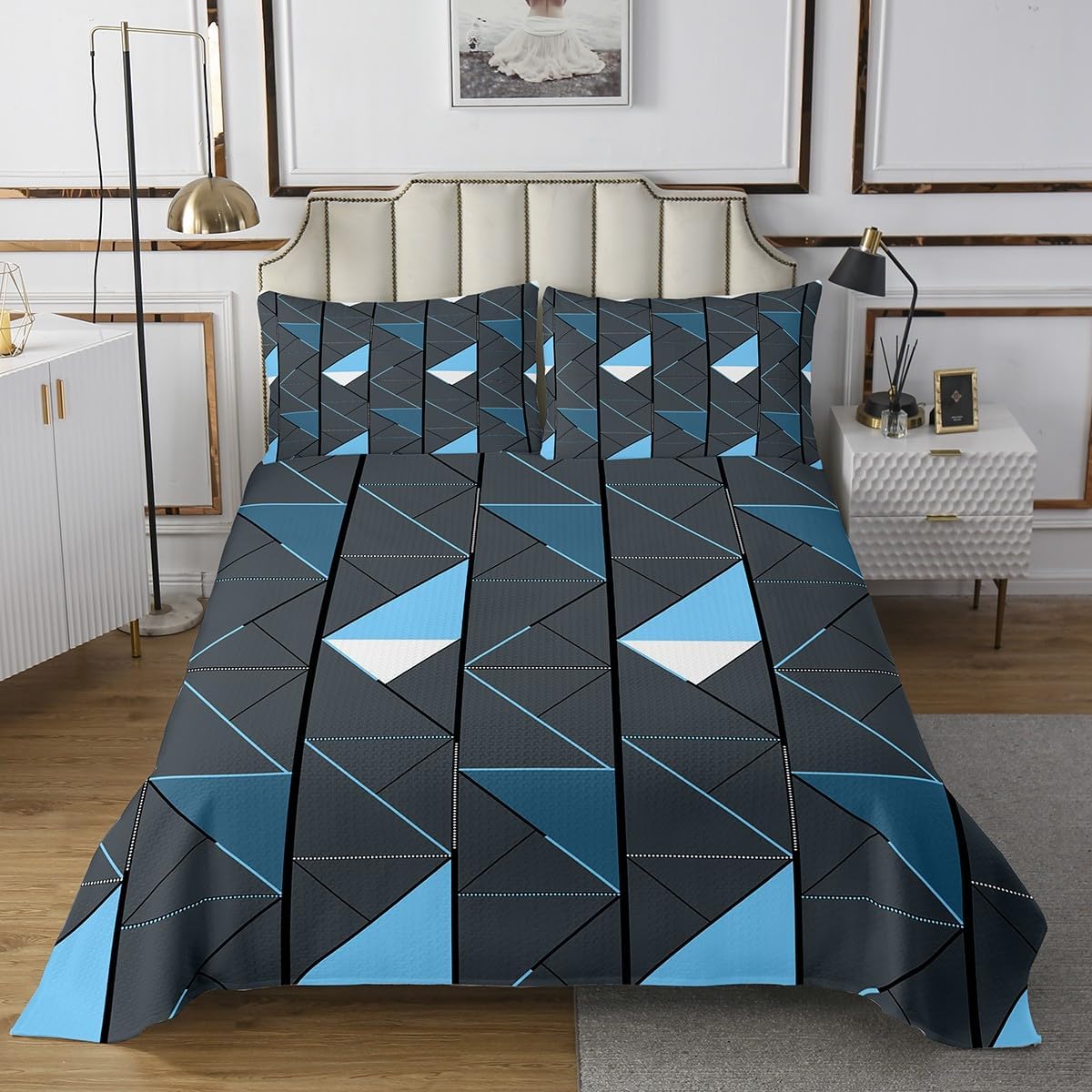 Erosebridal Blue Grey Triangle Quilt Set Queen Size for Kids Teens Adults,Geometric Coverlet Set,Abstract Art Bed Cover Bedroom Decor,Modern Bedspread Set