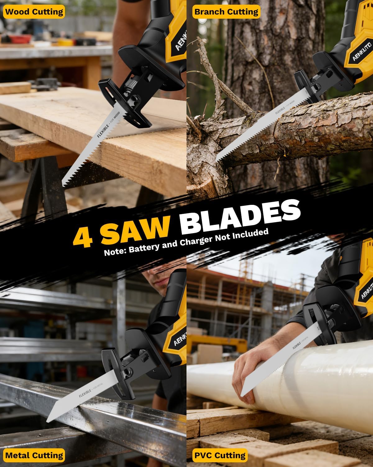 Cordless Reciprocating Saw for DeWalt 20V MAX Battery (No Battery), Brushless Motor, 0–3500 SPM 3-Speed Variable, Tool-Free Blade Change, LED Work Light, 4 Blades for Wood/Metal/PVC