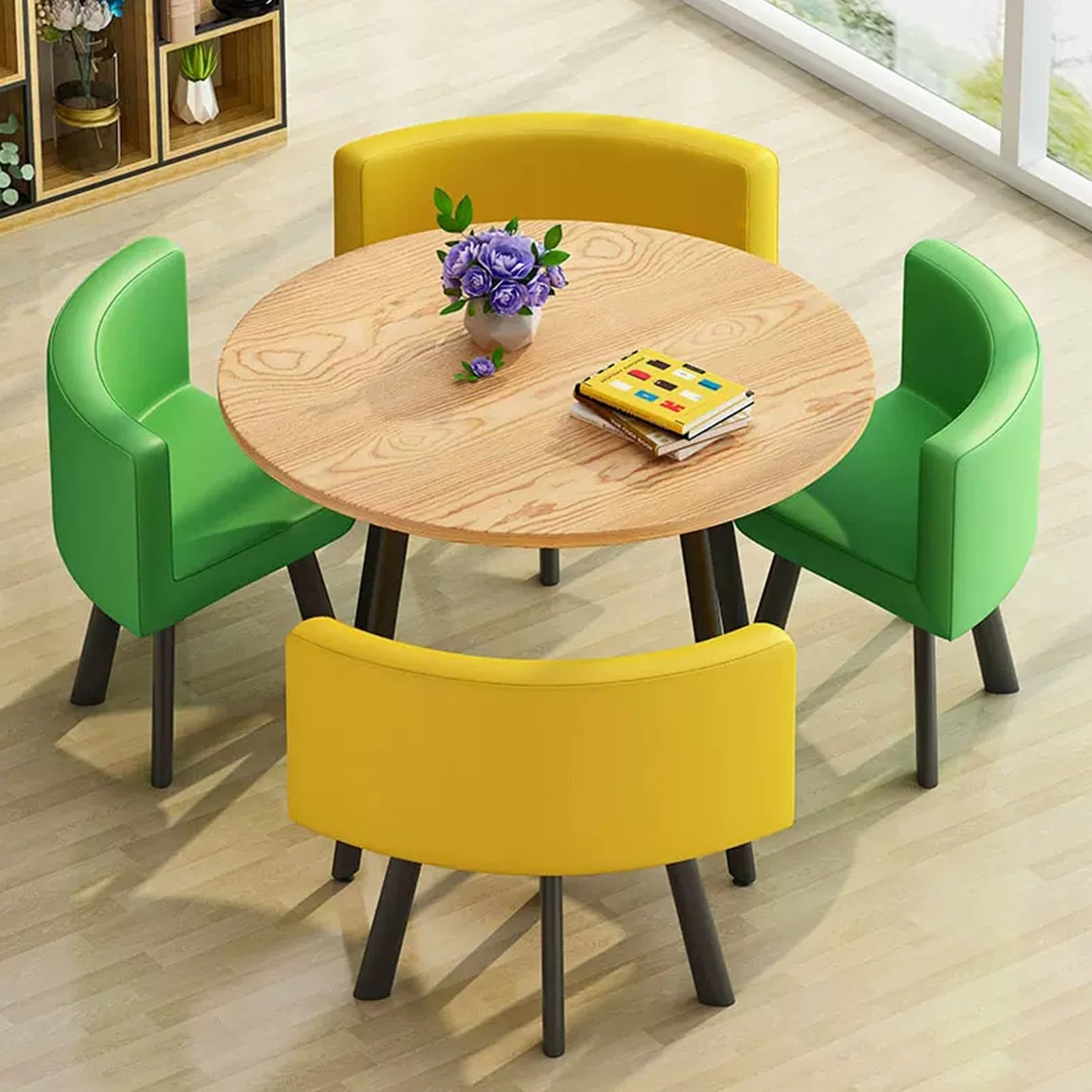 AYCDL SpaceSaving Round Dining Table Set with 4 Chairs for Conference Room & Office – Versatile Reception Table Negotiation Desk & Coffee Table Combo,Pu-leder7