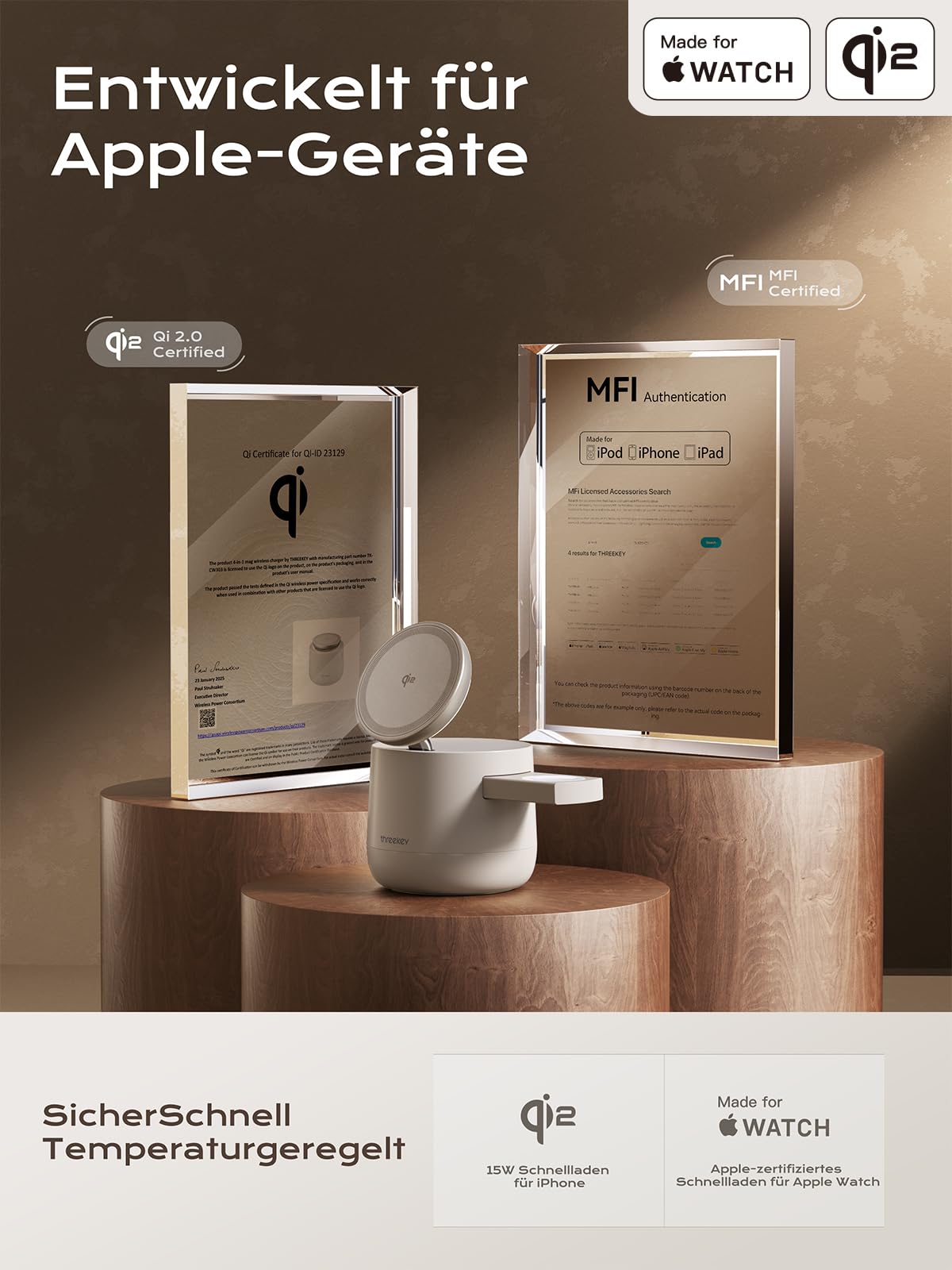 THREEKEY 4-in-1 Magnetic Wireless Ladestation Qi2 15W Magnet Ladegerät für iPhone 17/16/15/14/13/12 Serie, Apple Watch, AirPods, iPad, Magnetic Ladestation mit 65W Ladegerät im Lieferumfang enthalten