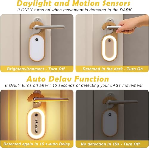 Miniatura 4 de Luz de mensaje de madera con sensor de movimiento, luz nocturna recargable para manija de puerta