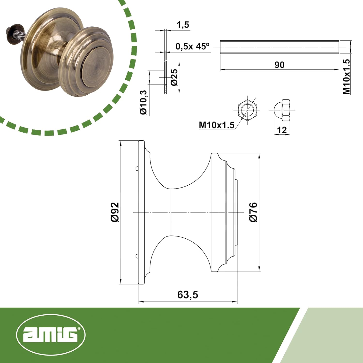 Amig - Knob Mod 13 with Carved Solid Brass Handle with Leather Finish for Exterior Entrance Doors | Handle Diameter Ø76 mm · Height 63.5 mm | Easy to Install Includes Fixing Nut