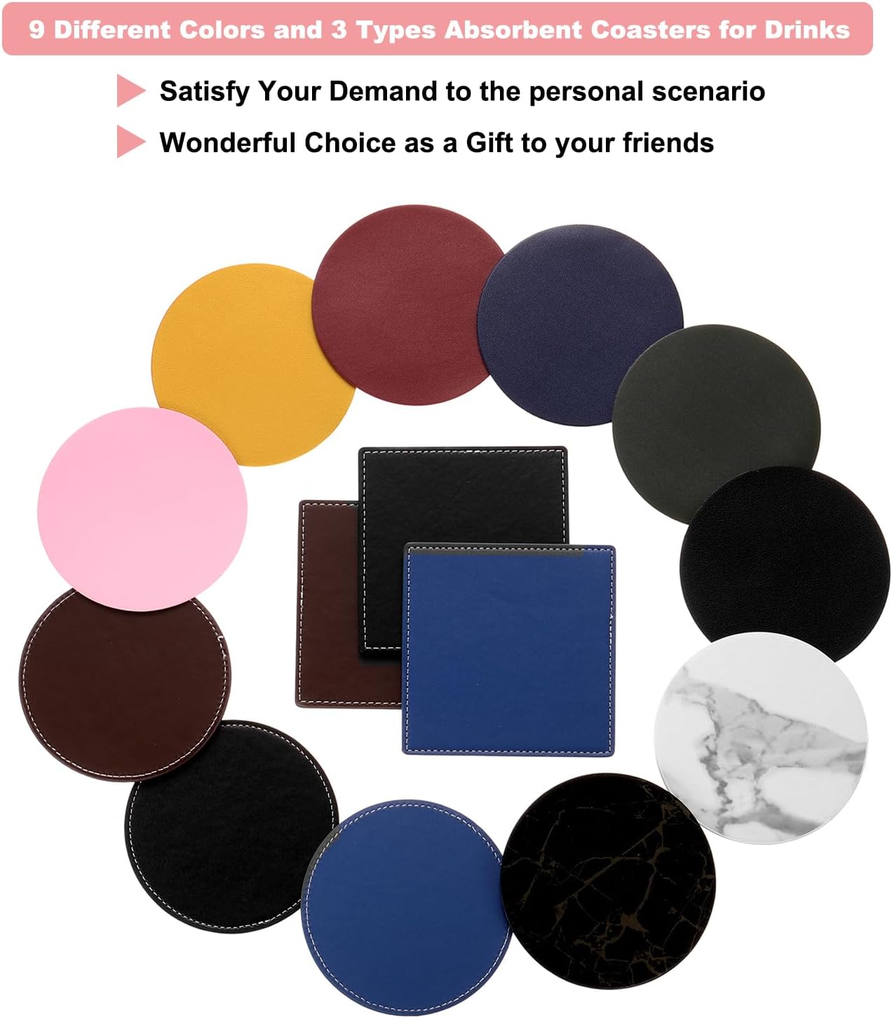 uxcell Round Drink Coasters Set of 4 White Stitched Dual Sided Non-Slip Non-Stick Waterproof Leather Coasters for Drinks, Coffee Table, Housewarming Gifts, Home Decor 4"×4" Blue image 4