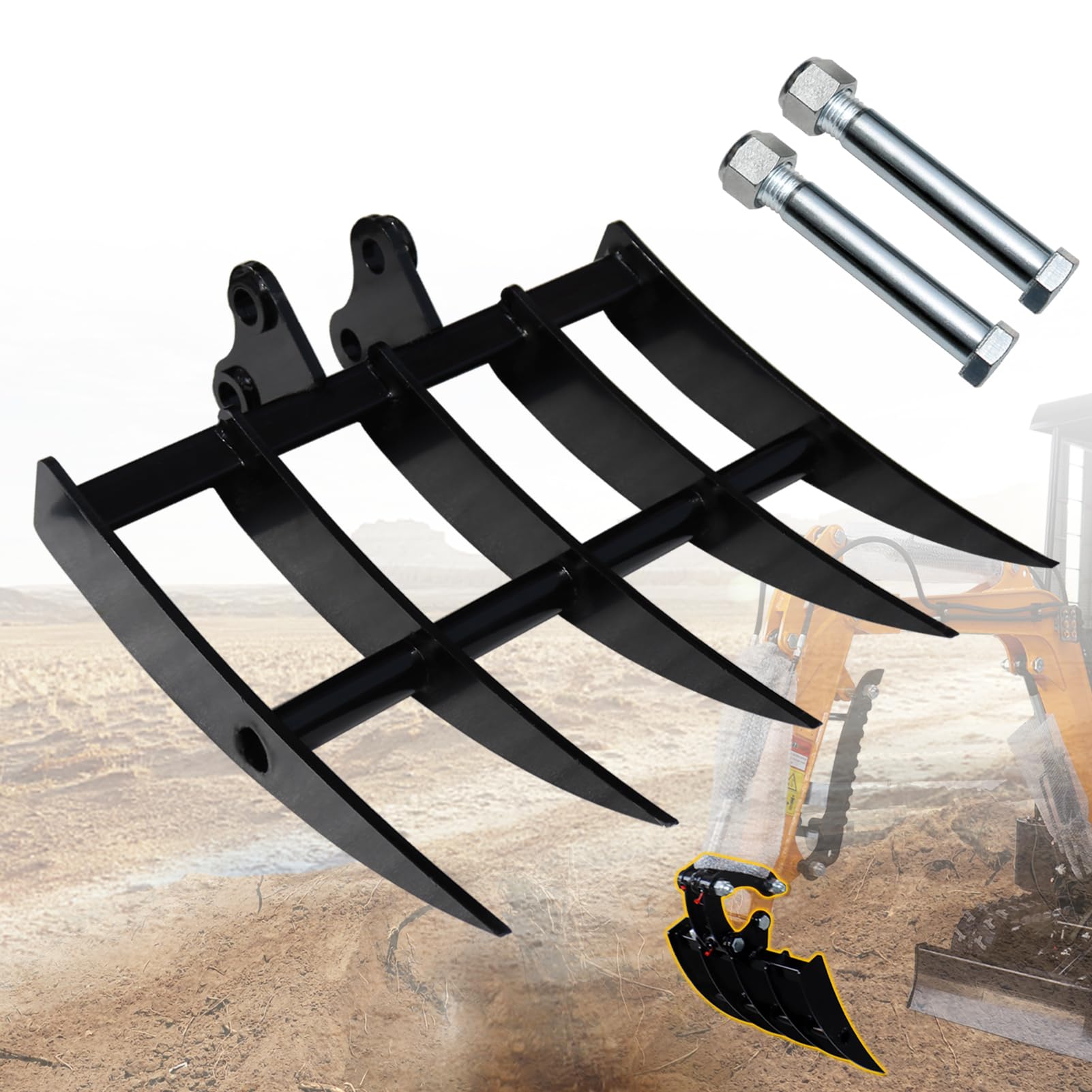 Rastrillo de excavadora de metal ancho para mini excavadoras, accesorios de excavadora con diámetro de orificio de 25 mm y envergadura de 90 mm