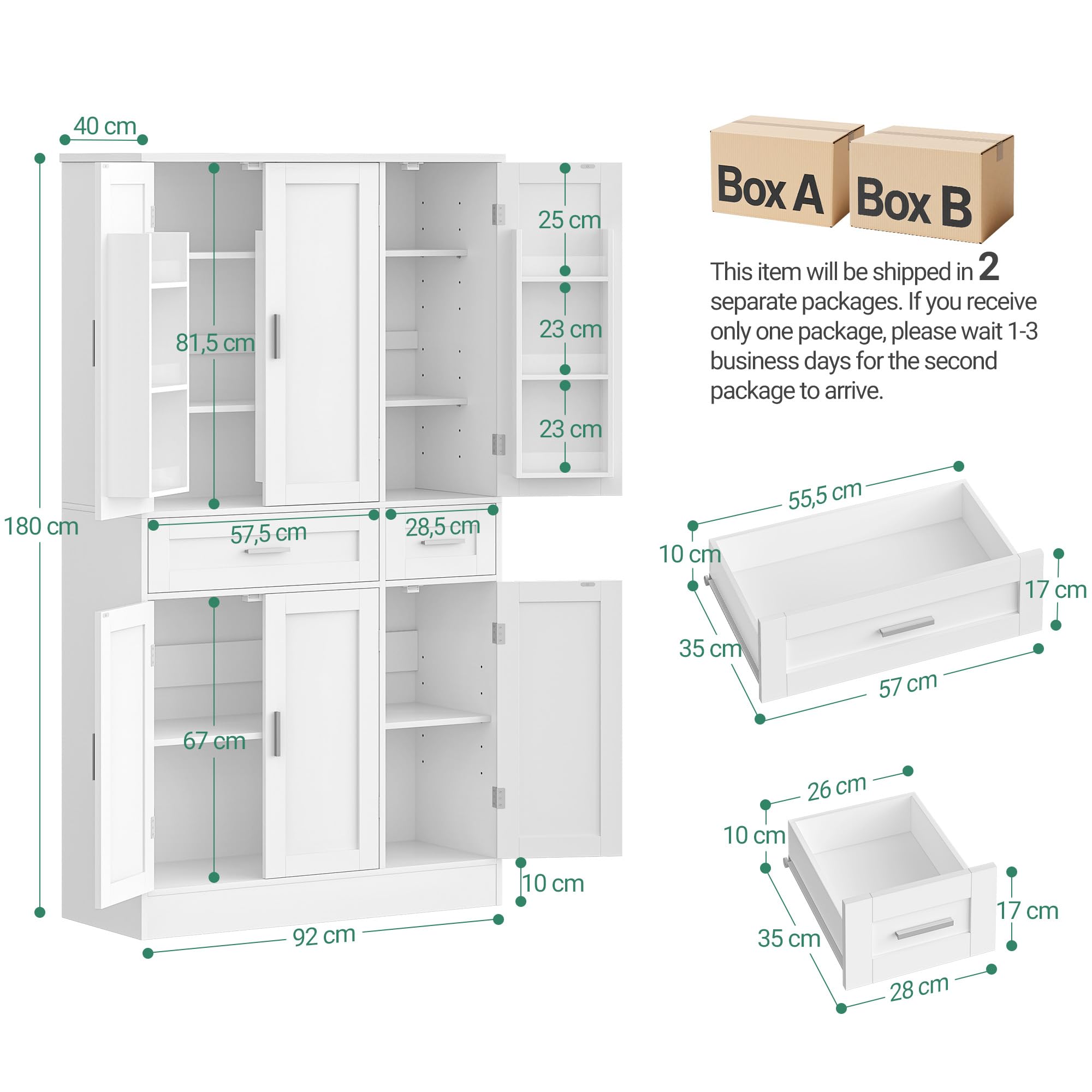 Hzuaneri Buffetschrank, Küchenschrank mit 9-stufigem Türrückseiten-Regalsystem, Sideboard mit 6 Türen und 2 Großer Schublade, Modern Stil, Küche, Wohnzimmer, 40 x 92 x 180 cm, Weiß PT30003X