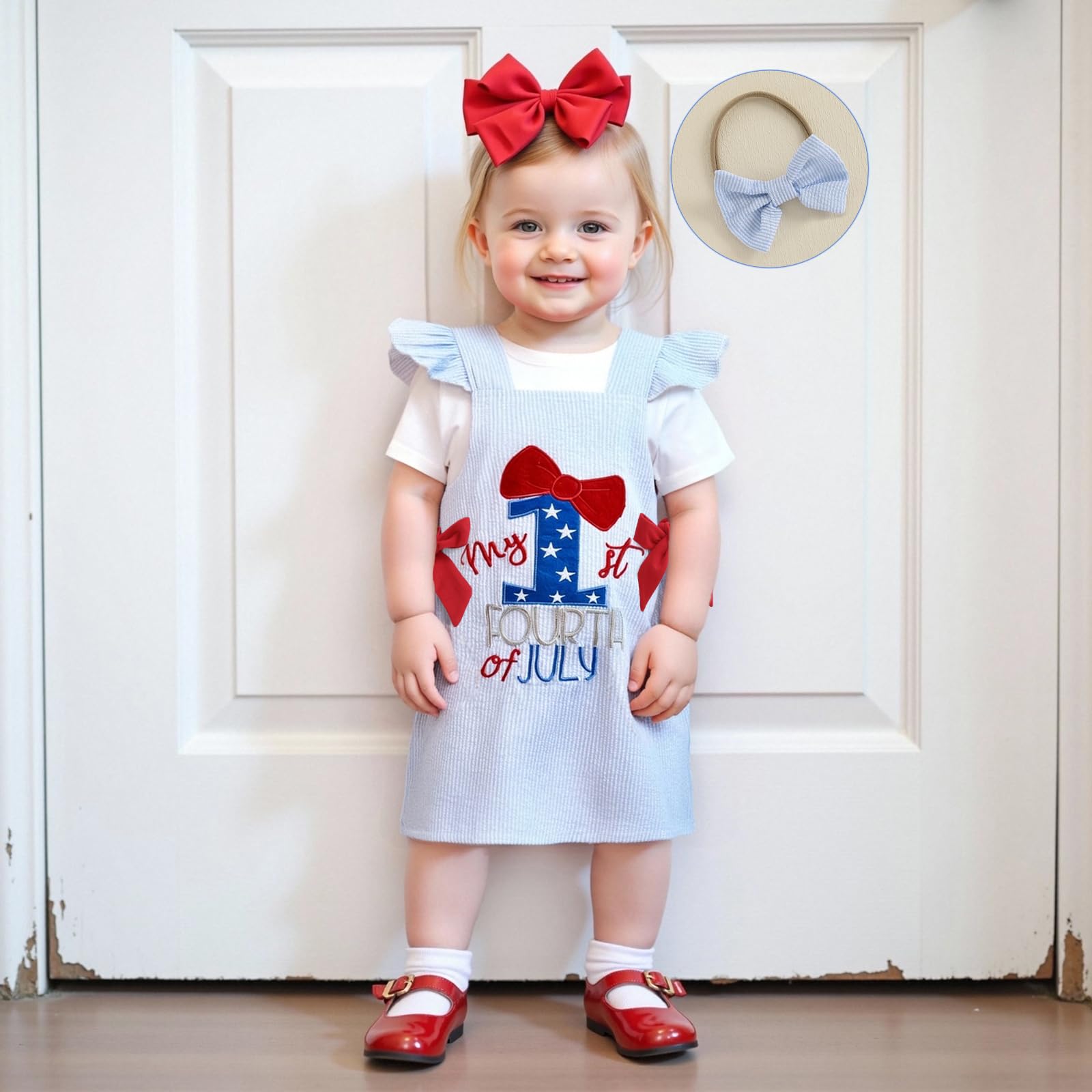 BeQeuewll Baby Girl 4th of July Outfit Infant Dresses Romper Letter Embroidery Overall Skirt Set 3Pcs Girl Patriotic Clothes (Bow 1st-Blue, 9-12 Months)
