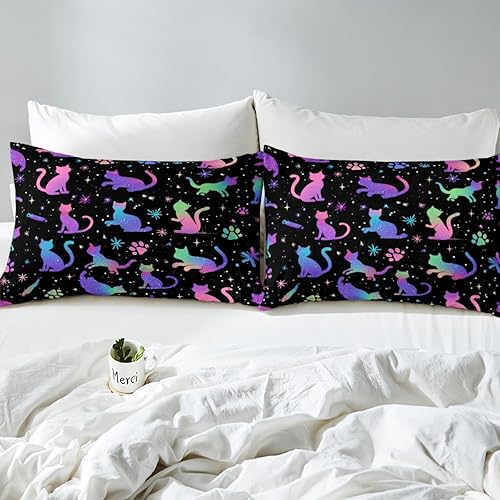 Miniatura 5 de Erosebridal Lindas sábanas tamaño individual de gato para niñas, sábanas de cama Kawaii arcoíris, sábana bajera ajustable de animales de dibujos