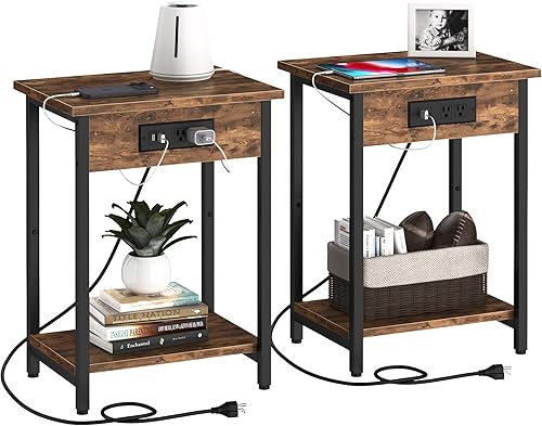 Side Table with Charging Station & USB Port Set of 2, Small End Table Nightstands Bedside Table for Living Room Bedroom Office Bathroom Small Space,