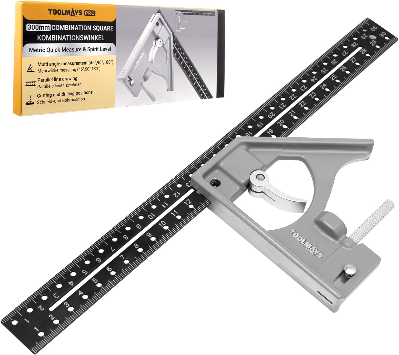 Combination Square, 300mm Set Square Carpentry, 45/90 Degree Ruler With Bubble Level, Adjustable Engineers Speed Squares For Woodworking