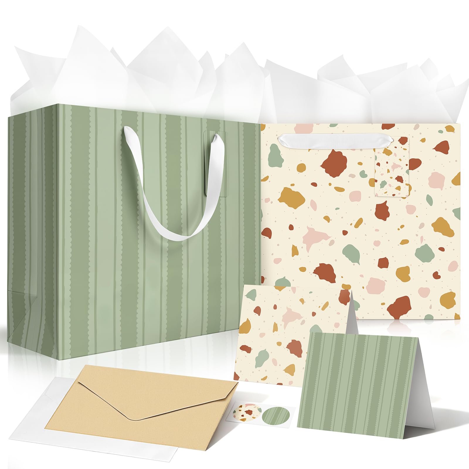 Photo 1 of 13" Large Gift Bag Set with Handles incl, Matching Wight Tissue Paper, Greeting Cards, Envelops and Stickers. 2PCS Portable Gift Bags for Birthday Mother's Day Wedding Anniversary and Any Decorations