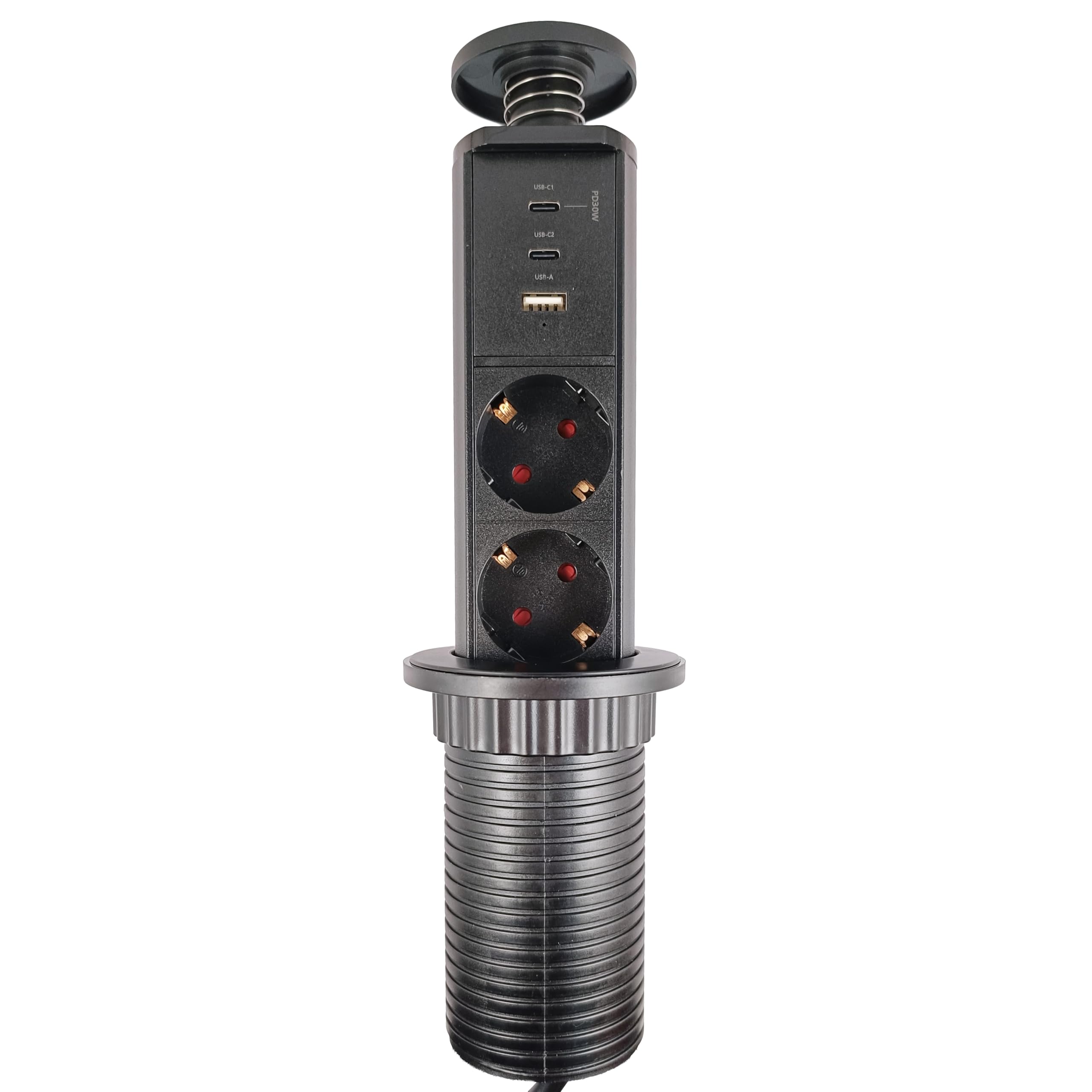 Torre de Enchufes Empotrable 35 cm | 2 Enchufes Tipo C + USB | Negro | Cable 1,8 m | Regleta Empotrable para Mesa, Cocina y Escritorio