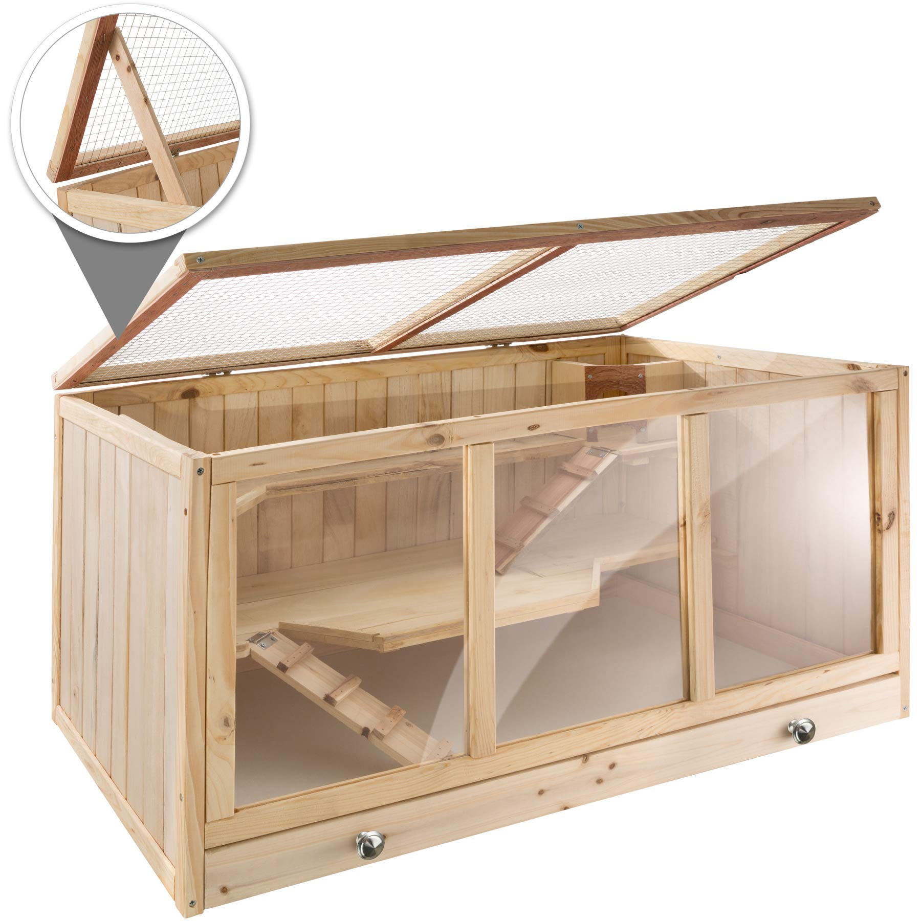 TecTake 403230 Nagerkäfig aus Holz mit Häuschen, Bewegungsfreiheit durch mehrere Etagen, aufklappbares Dachgitter, Schaufenster aus Kunststoffglas