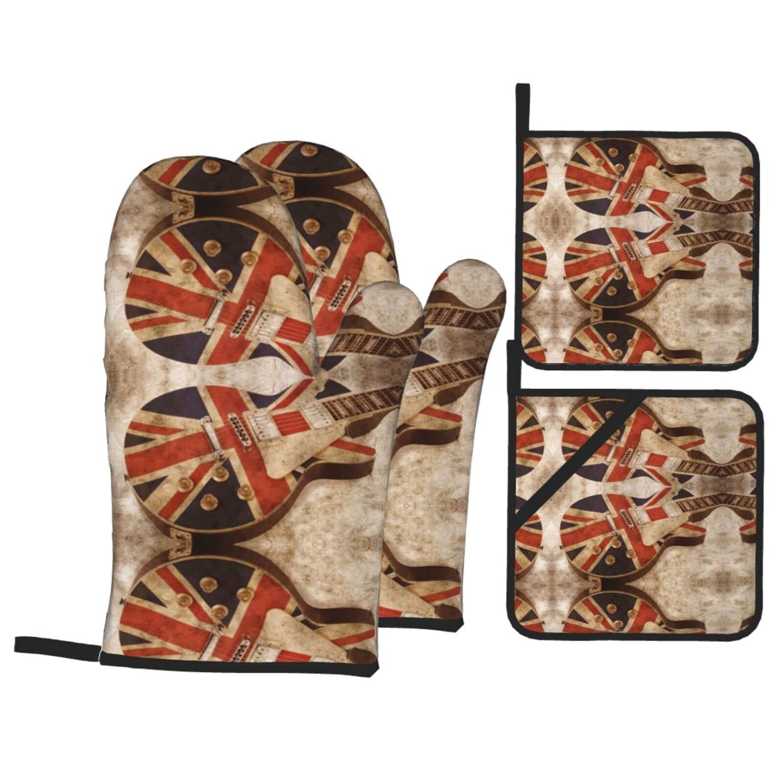 Guitar British Flag Oven Mitt and Pot Holder 4-Piece Set for Kitchen, Outdoor Grill, Baking