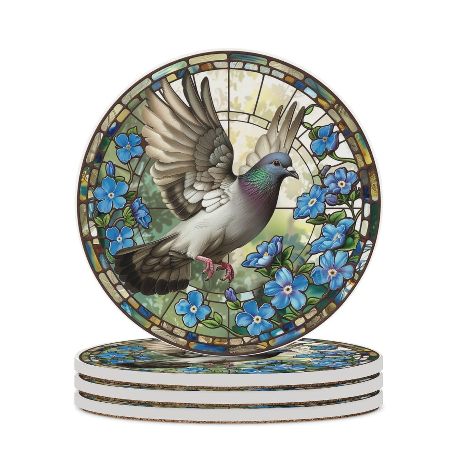 Stained Glass Flying Pigeon Flowers Coasters Set of 4 Absorbent Coasters
