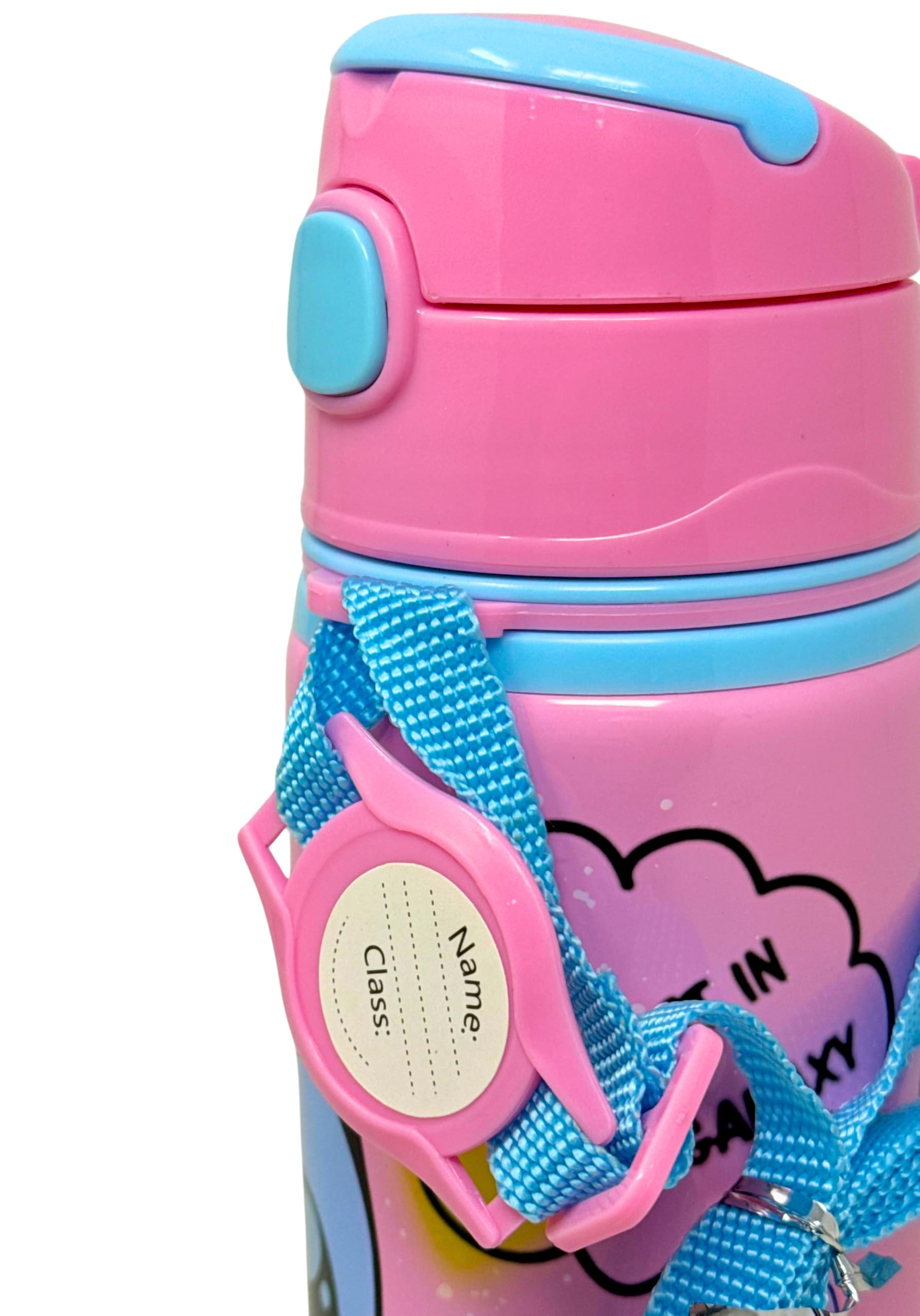 Botella de Agua Infantil Niña para Stitch Fan - Cantimplora Aluminio 600ml con Pajita y Correa (3-10 Años) - Antigoteo, Sin BPA, con Etiqueta Nombre - Ideal Colegio y Guardería