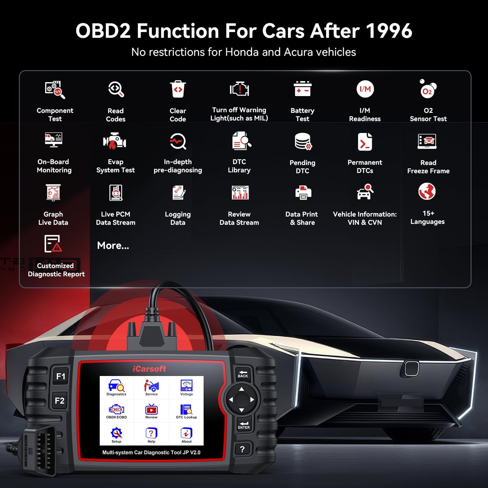 iCarsoft JP V2.0 strumento diagnostico per Daewoo/Toyota/Honda/Mitsubishi/Suzuki/Mazda/Hyundai, sistema completo OBD2 scanner con 9 funzioni di servizio, olio/EPB/BMS/ETC/SAS/BLD/INJ/TPMS/DPfilter