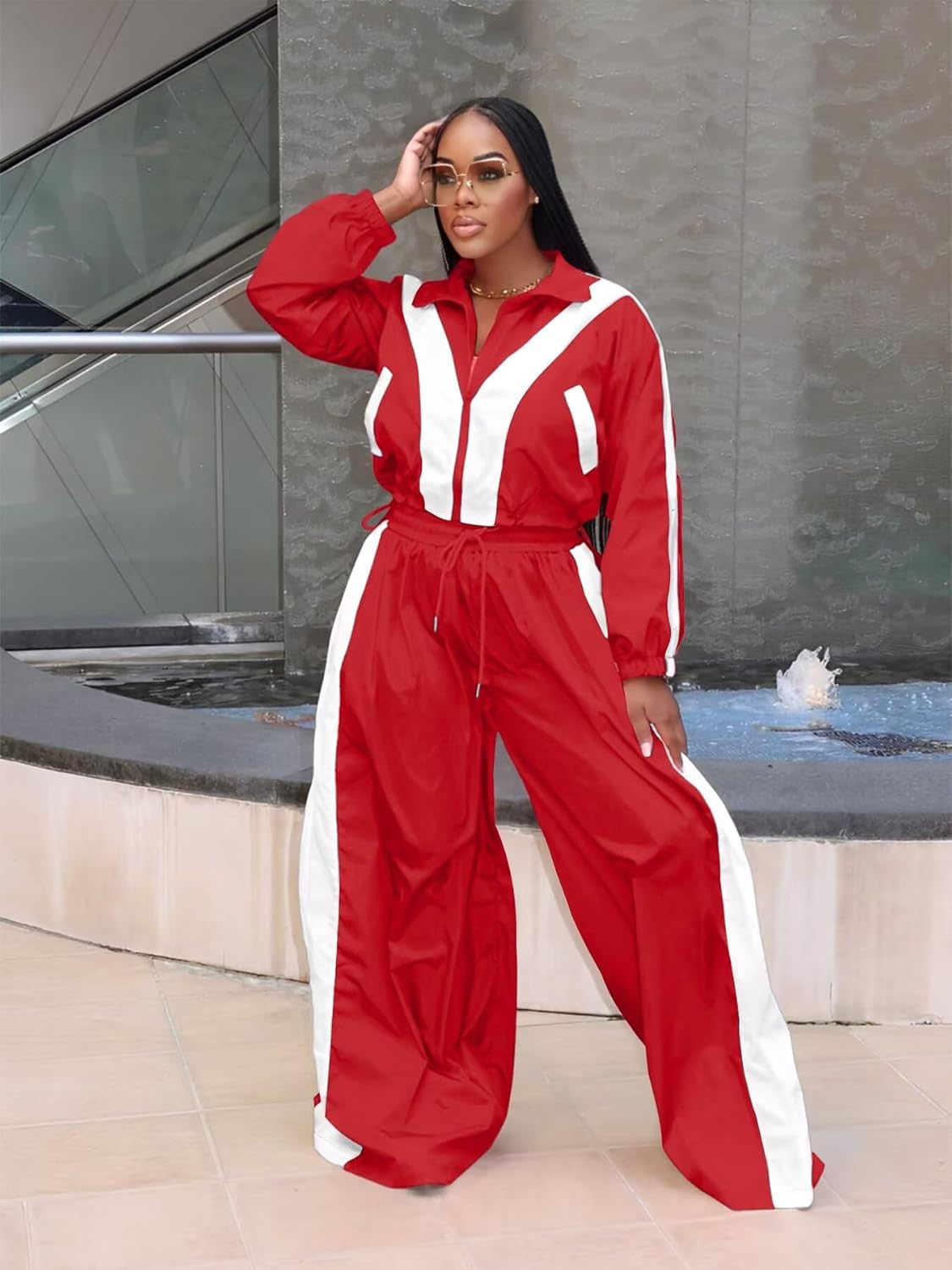 Women Striped 2 Piece Outfits Fall Workout Sets Windbreaker Tracksuit Crop Jacket Wide Leg Pants with Pockets - Image 4