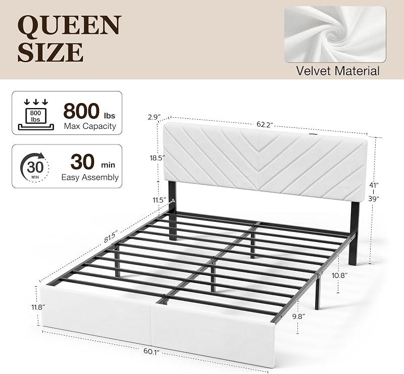 Queen Bed Frame with Adjustable Headboard, White Velvet Upholstered image 2
