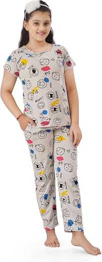 Kidonit Girls 100% Cotton Half Sleeves Coord Set Night Suit with Pyjama/Full Pant