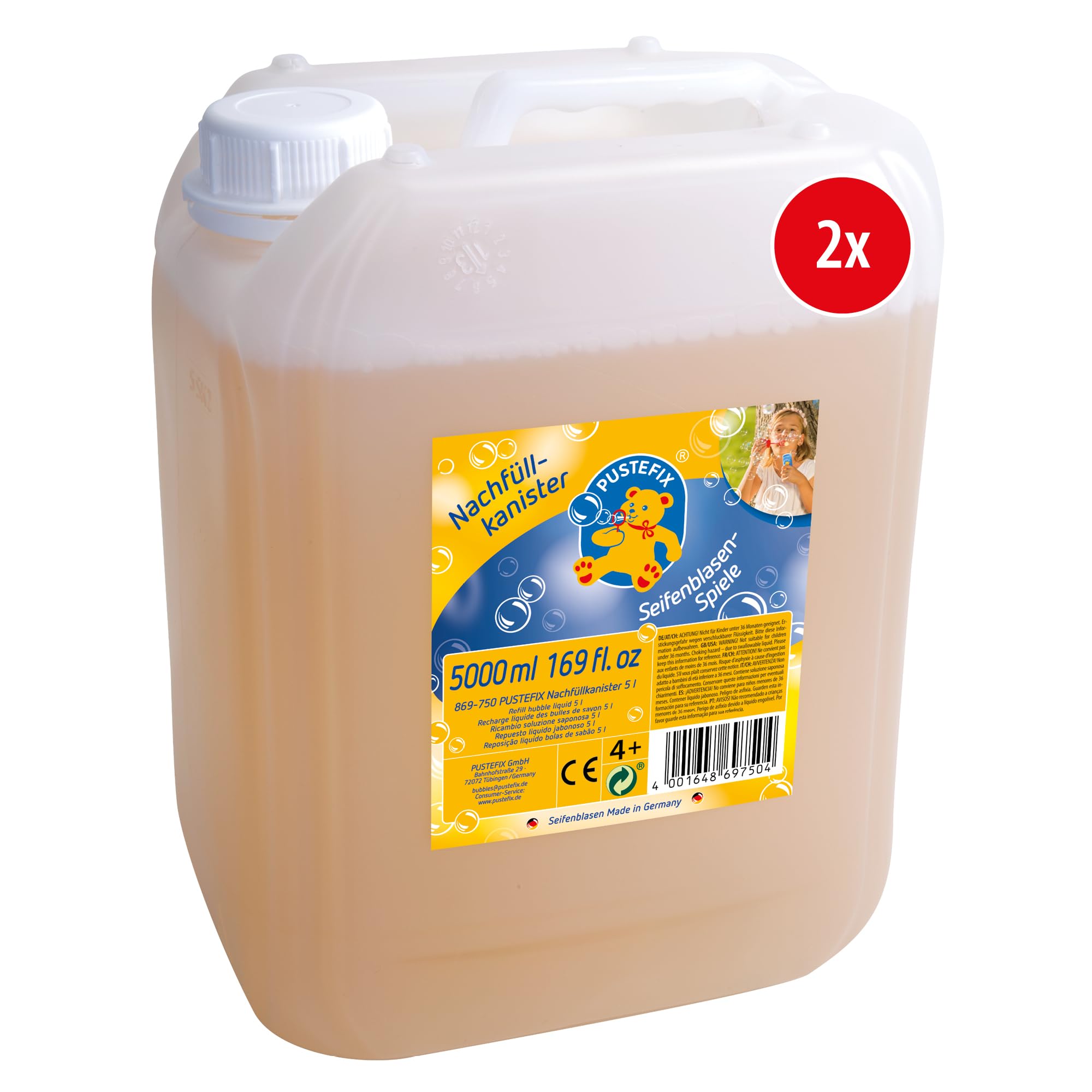 PUSTEFIX Nachfüllkanister 2 x 5 Liter, Seifenblasen Flüssigkeit Made in Germany, Bunte Seifenblasen für Hochzeit, Kindergeburtstag, Sommerfest, Kinder & Erwachsene