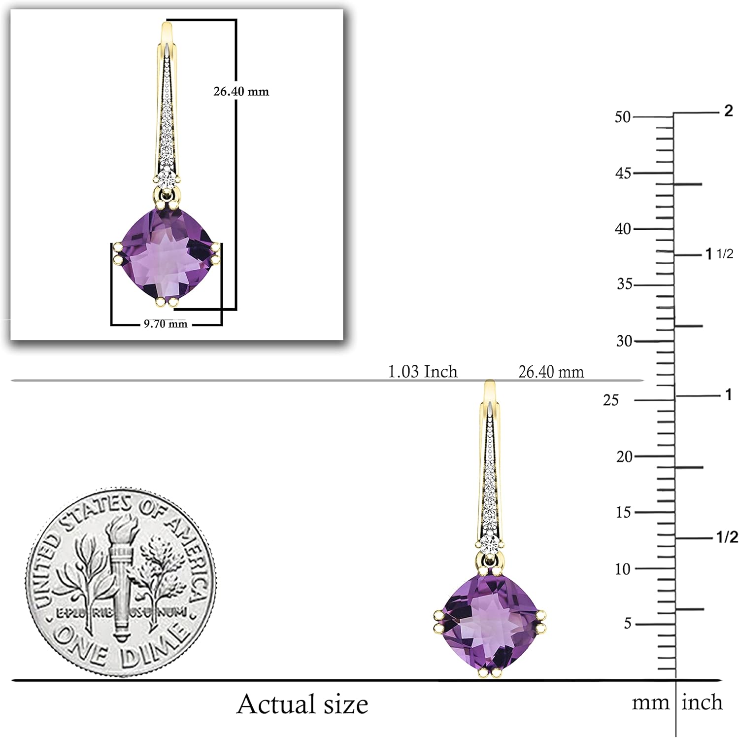 Dazzlingrock Collection 8mm Cushion Gemstone and Round White Diamond Lever Back Dangle Drop Earrings for Women, 14K Solid Yellow Gold