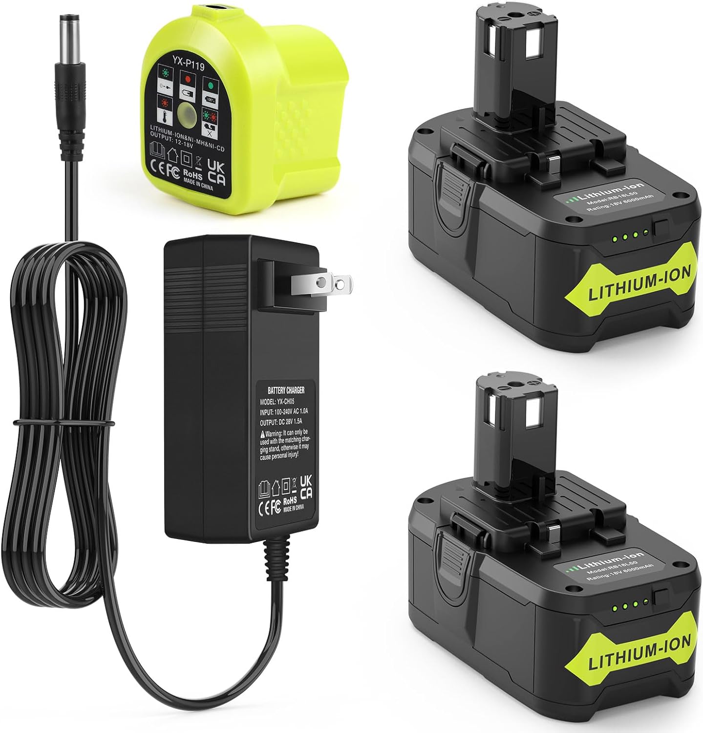 2 Packs RB18L50 18V 6000mAh Lithium Battery Replacement for Ryobi with LUB18V Charger