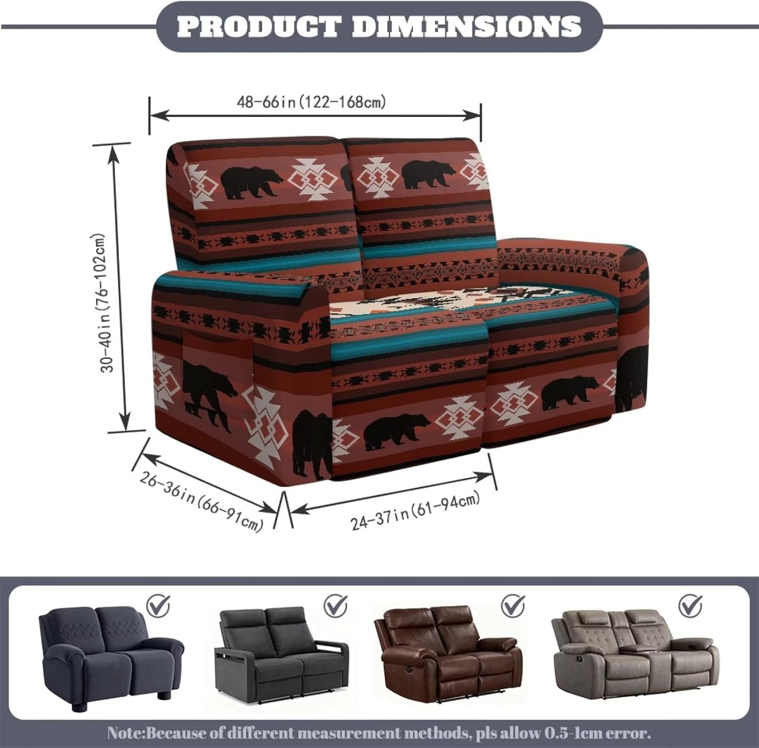 Bear Stretch Loveseat Recliner Covers Aztec Ethnic Reclining Couch Slipcovers 2 Seater Brown Home Decor Washable Love Seat Sofa Slip Cover Indoor