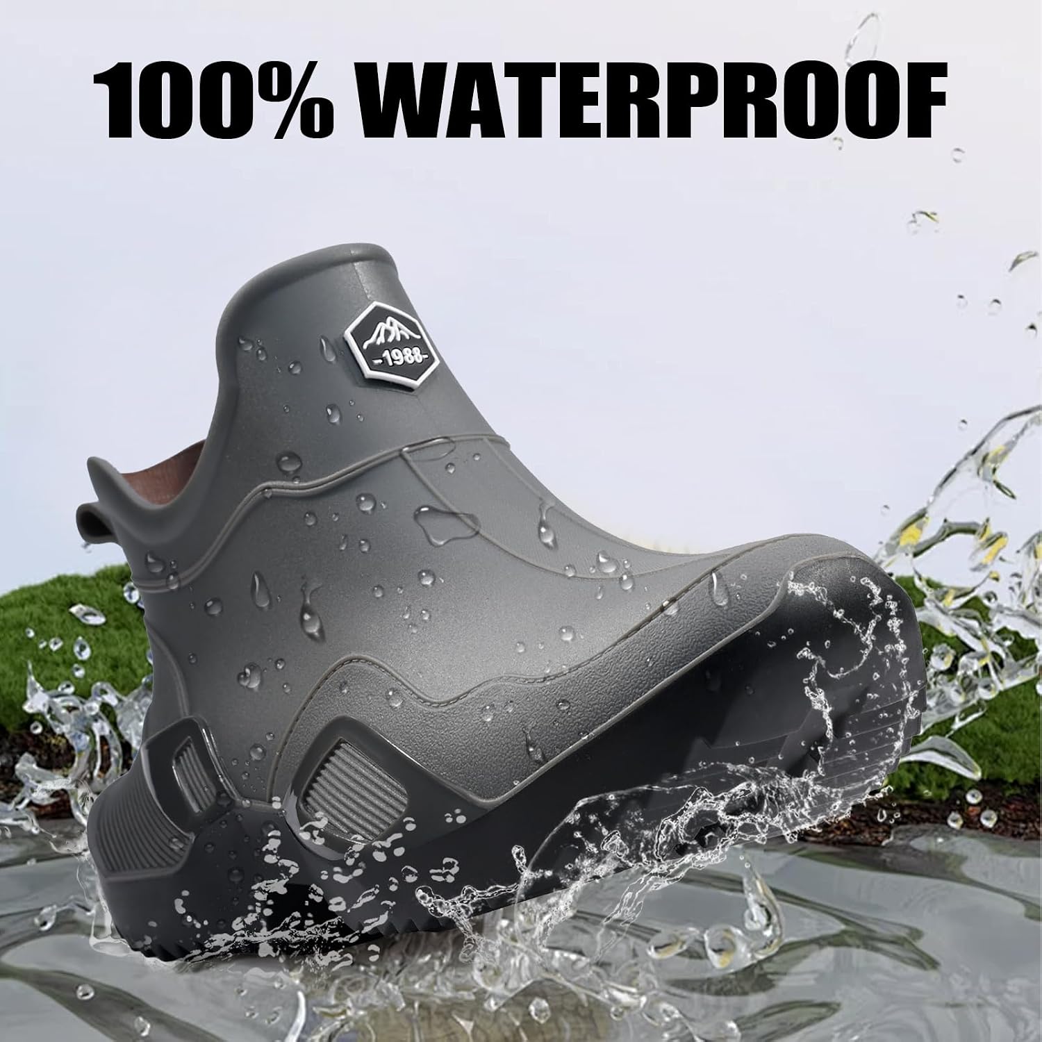 Men's Ankle Rain Boots - Slip On Waterproof Garden Shoes - Comfortable Lightweight black&grey Rubber Fishing shoes