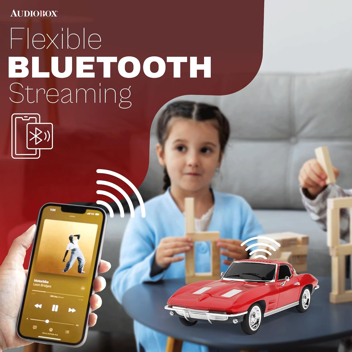 Audiobox Bluetooth Car Speaker – Retro 1960s-Inspired Sports Car Portable Speaker with Moving Wheels, LED Headlights & Taillights, FM Radio, USB, TF, AUX Inputs, WaveSync Tech & Rechargeable Battery