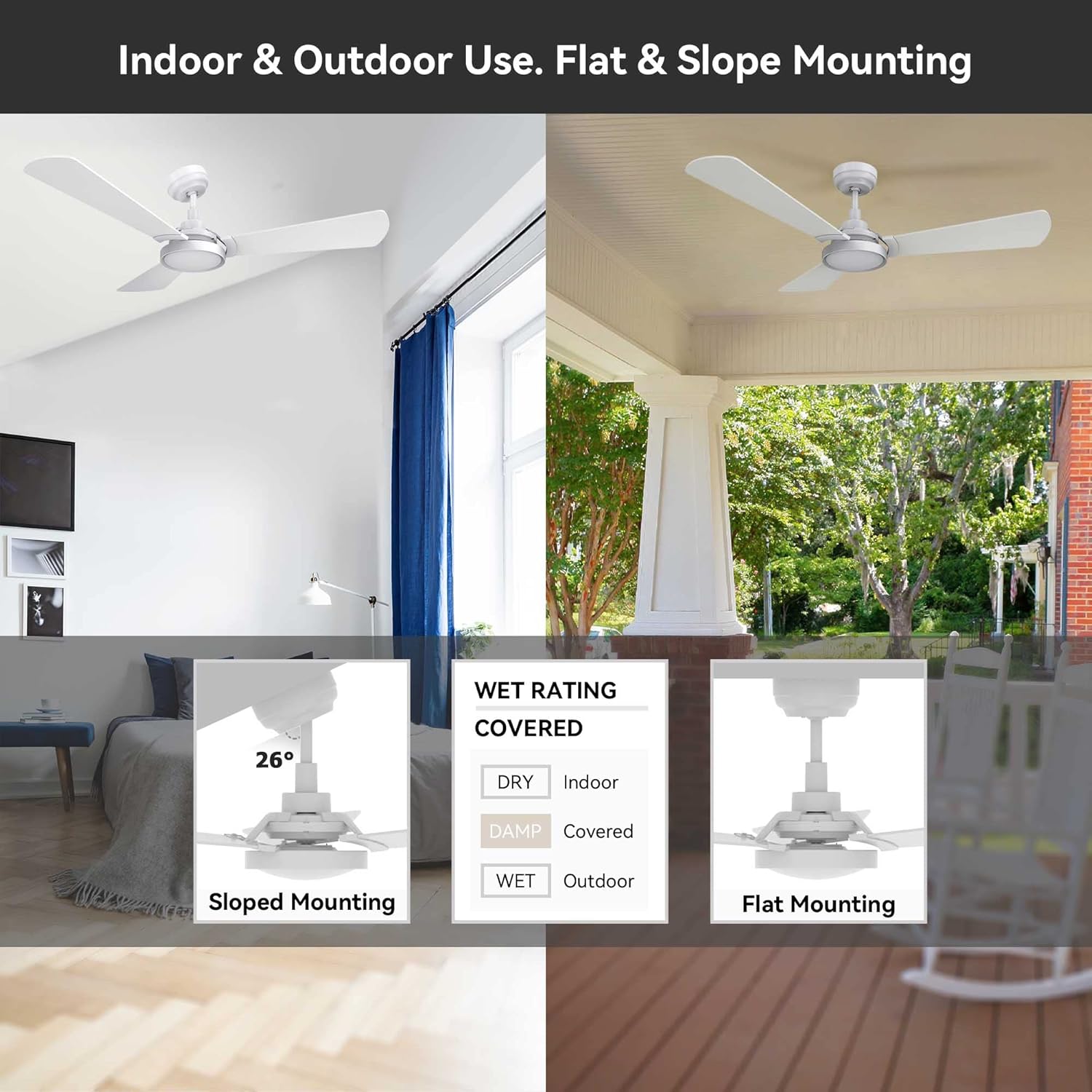 Smart WIFI Ceiling Fans with Dimmable LED Lights and Remote, Compatible with Alexa/Google Home/Siri/APP, 56 inch Outdoor DC Fans with 10 Speeds, Timer/Schedule (White)